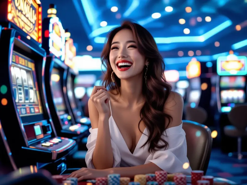 카지노에서 큰 상금을 받은 행복한 여성